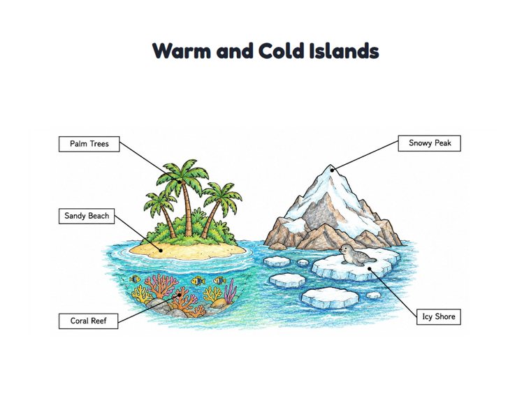 Warm and Cold Islands worksheet (Medium, Grades 1–2)