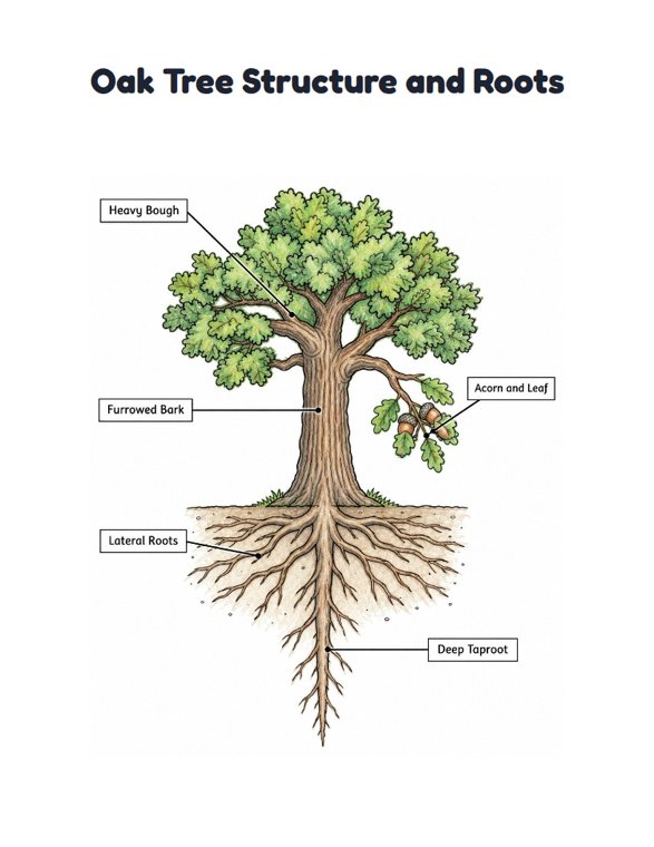 Oak Tree Structure and Roots worksheet (Hard, Grades 3–4)