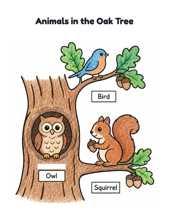 Animals in the Oak Tree worksheet (Easy, Pre-K–K)