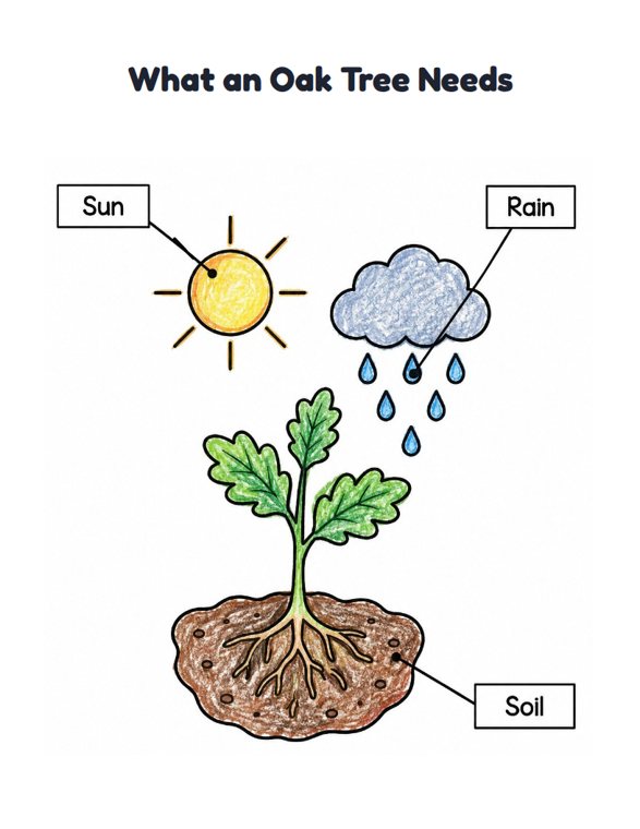 What an Oak Tree Needs worksheet (Easy, Pre-K–K)