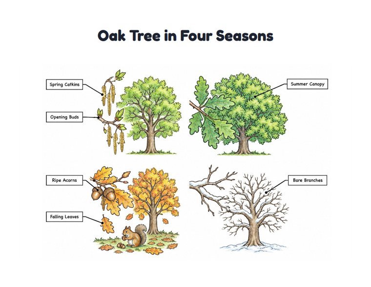 Oak Tree in Four Seasons worksheet (Hard, Grades 3–4)