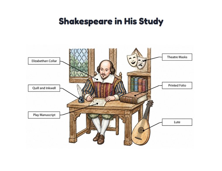 Shakespeare in His Study worksheet (Hard, Grades 3–4)