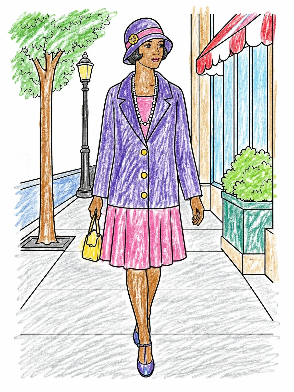 Colored example of the 1920s Harlem Sidewalk Fashion coloring page