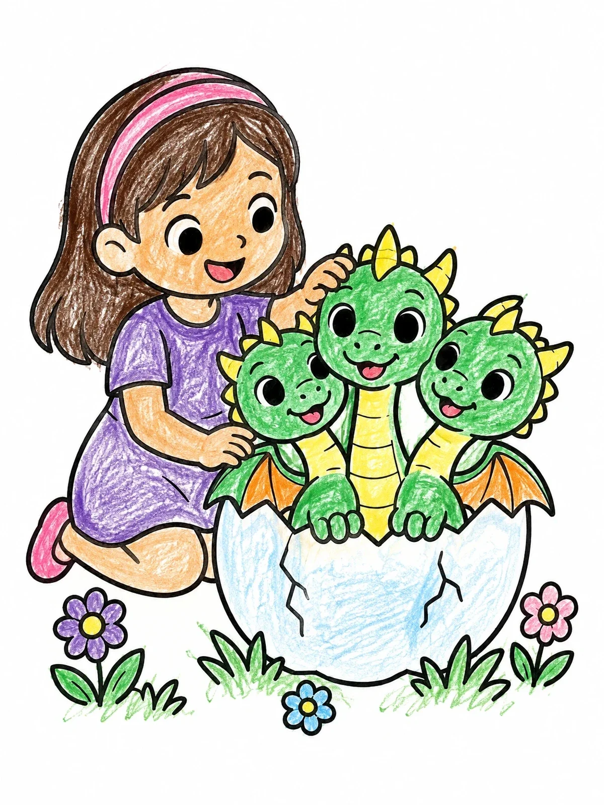 Colored example of the Cute Girl With Baby Three Headed Dragon coloring page