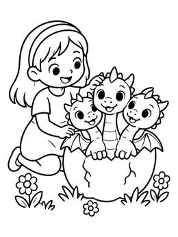Free printable Cute Girl With Baby Three Headed Dragon coloring page