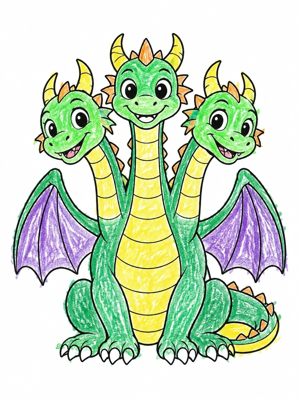 Colored example of the Cheerful Cartoon Three Headed Dragon coloring page