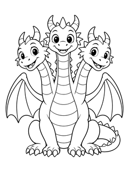 Free printable Cheerful Cartoon Three Headed Dragon coloring page