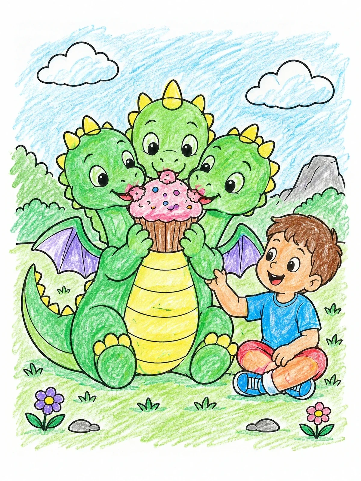 Colored example of the Cute Three Headed Dragon Eating Cupcake coloring page