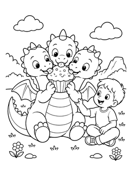 Free printable Cute Three Headed Dragon Eating Cupcake coloring page