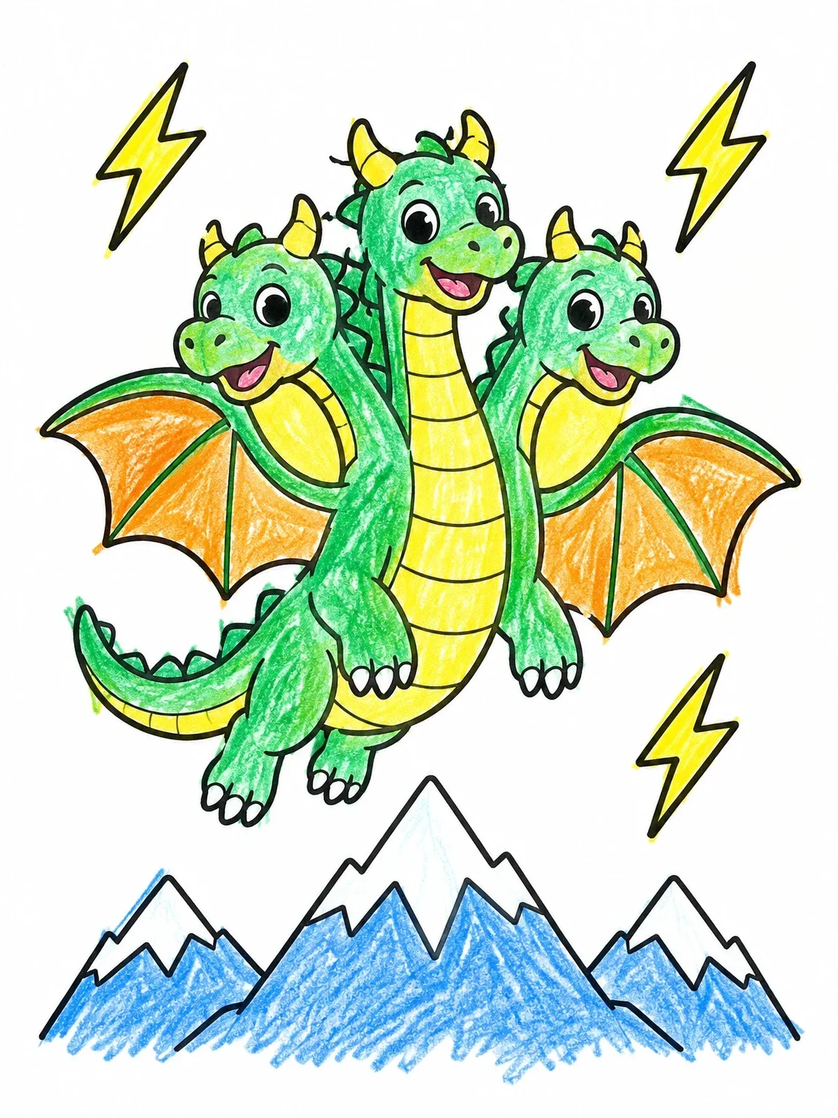 Colored example of the Cute Three Headed Dragon Soaring Over Mountains coloring page