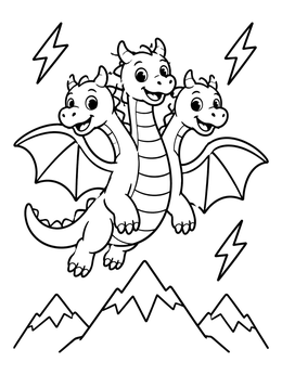 Free printable Cute Three Headed Dragon Soaring Over Mountains coloring page