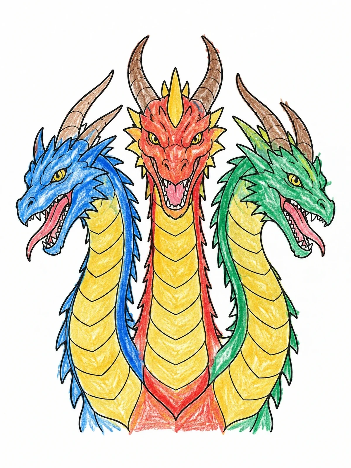 Colored example of the Fierce Three Headed Dragon Portrait coloring page