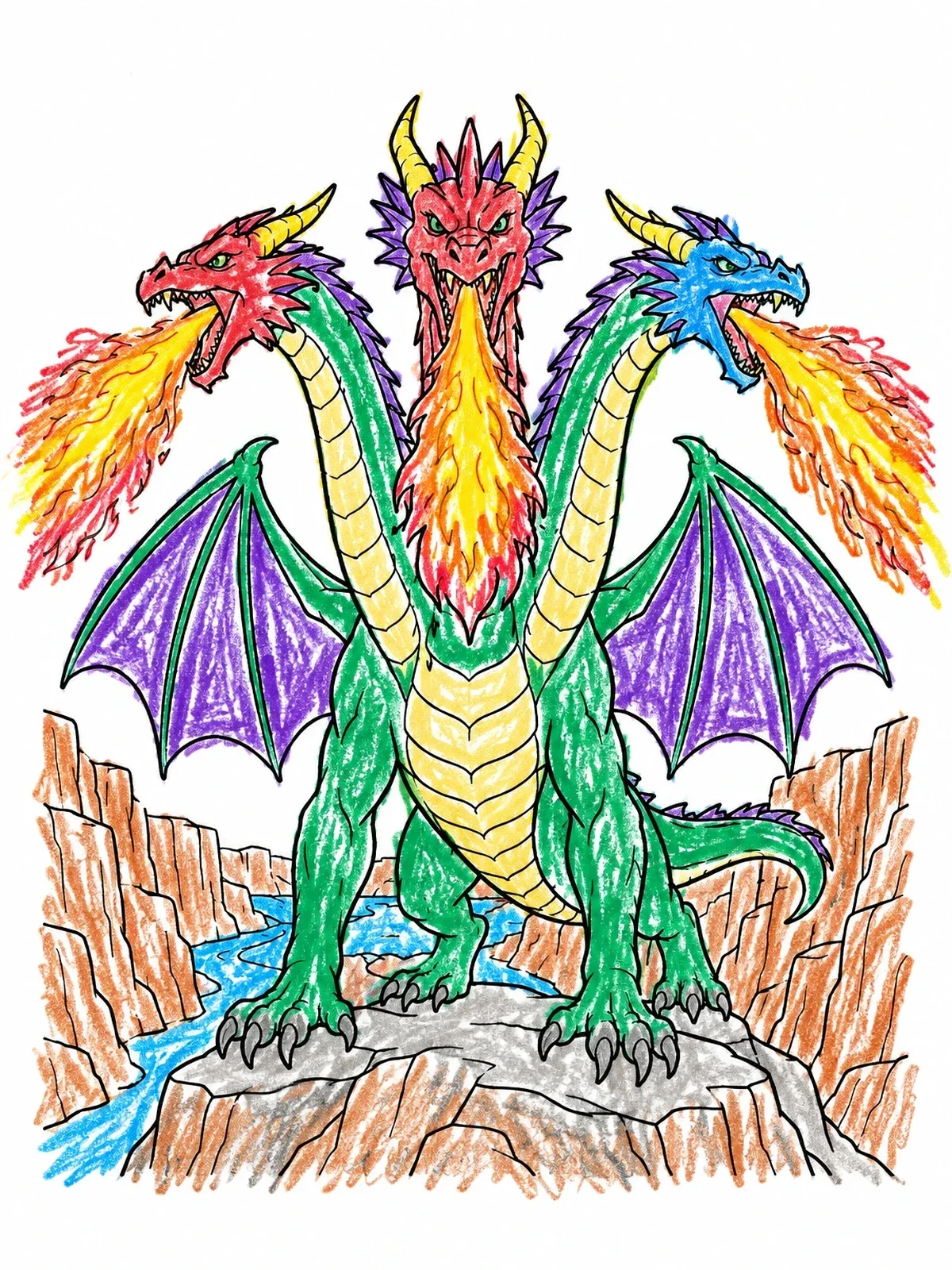 Colored example of the Fire Breathing Three Headed Dragon On Canyon Cliff coloring page