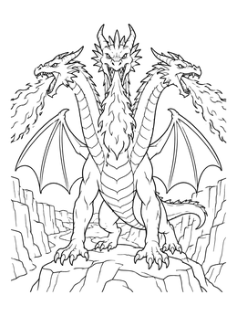 Free printable Fire Breathing Three Headed Dragon On Canyon Cliff coloring page