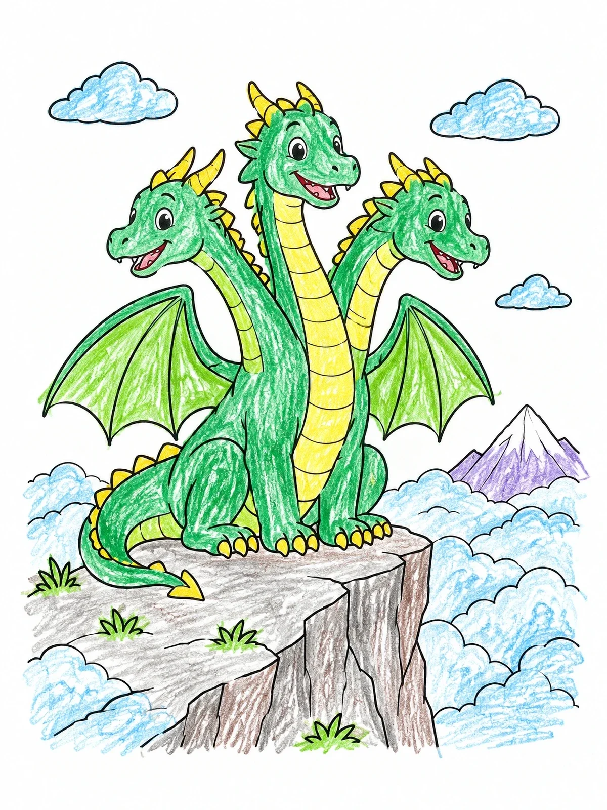 Colored example of the Friendly Three Headed Mountain Dragon coloring page