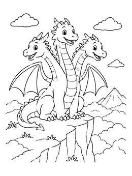 Free printable Friendly Three Headed Mountain Dragon coloring page