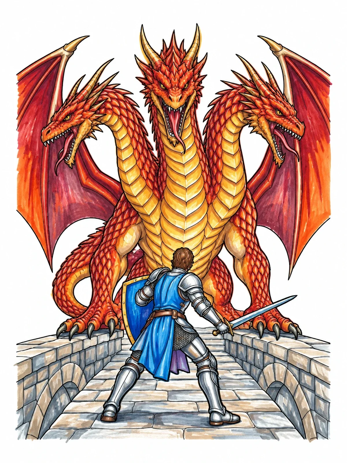 Colored example of the Knight Facing A Three Headed Dragon coloring page