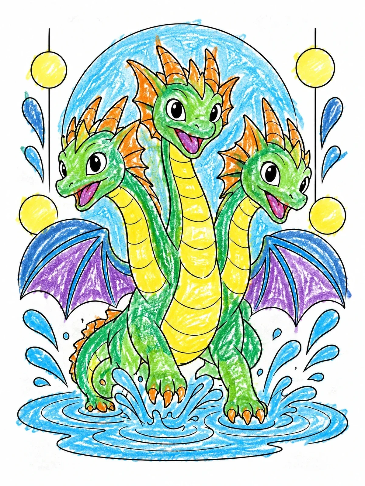 Colored example of the Playful Three Headed Dragon Hatchling Splashing coloring page