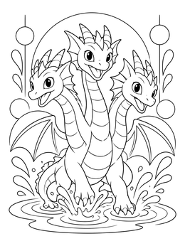 Free printable Playful Three Headed Dragon Hatchling Splashing coloring page