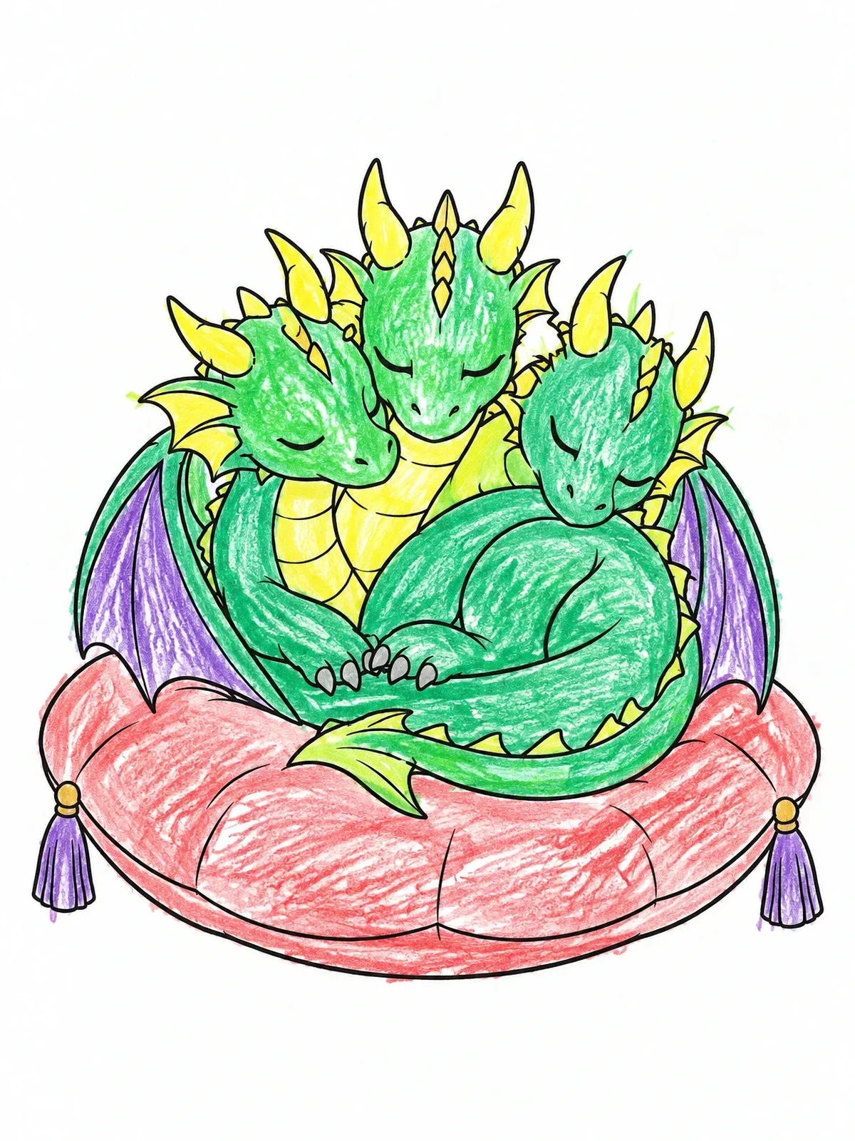 Colored example of the Sleeping Three Headed Dragon On Cushion coloring page