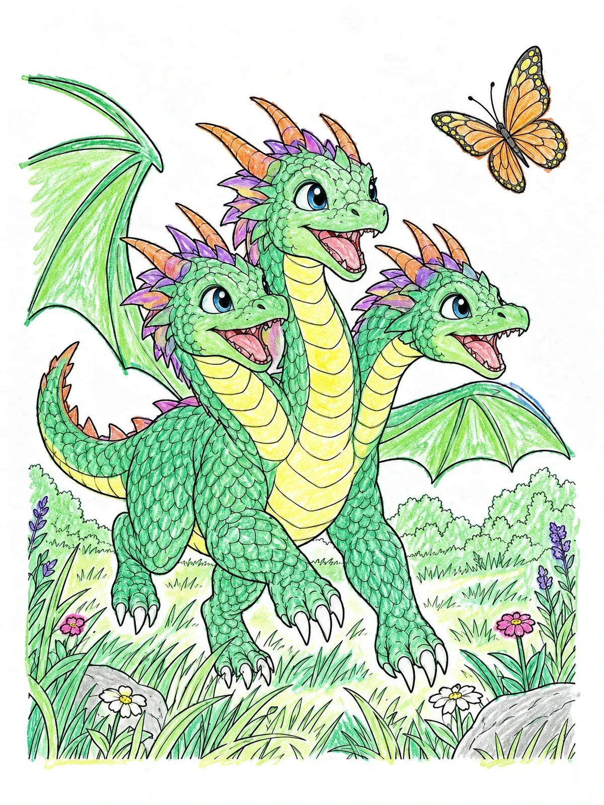 Colored example of the Three Headed Baby Dragon Chasing Butterfly coloring page