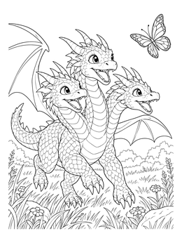 Free printable Three Headed Baby Dragon Chasing Butterfly coloring page
