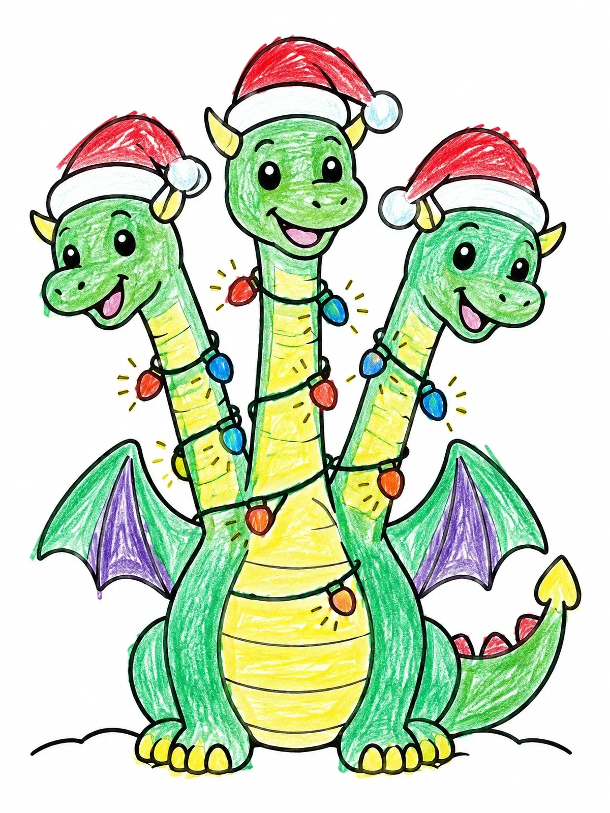 Colored example of the Festive Three Headed Dragon With Lights coloring page
