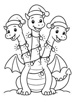 Free printable Festive Three Headed Dragon With Lights coloring page