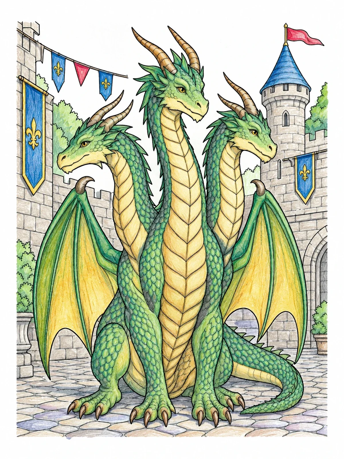 Colored example of the Three Headed Dragon In Castle Courtyard coloring page