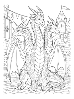 Free printable Three Headed Dragon In Castle Courtyard coloring page