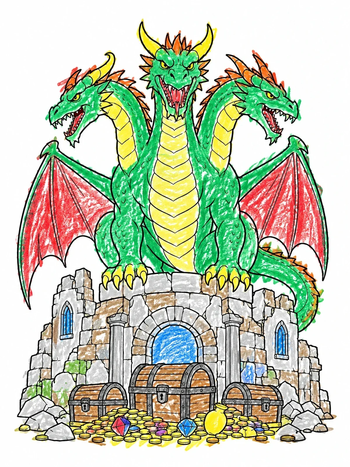 Colored example of the Three Headed Dragon Guarding Fortress Treasure coloring page
