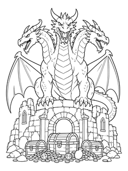 Free printable Three Headed Dragon Guarding Fortress Treasure coloring page