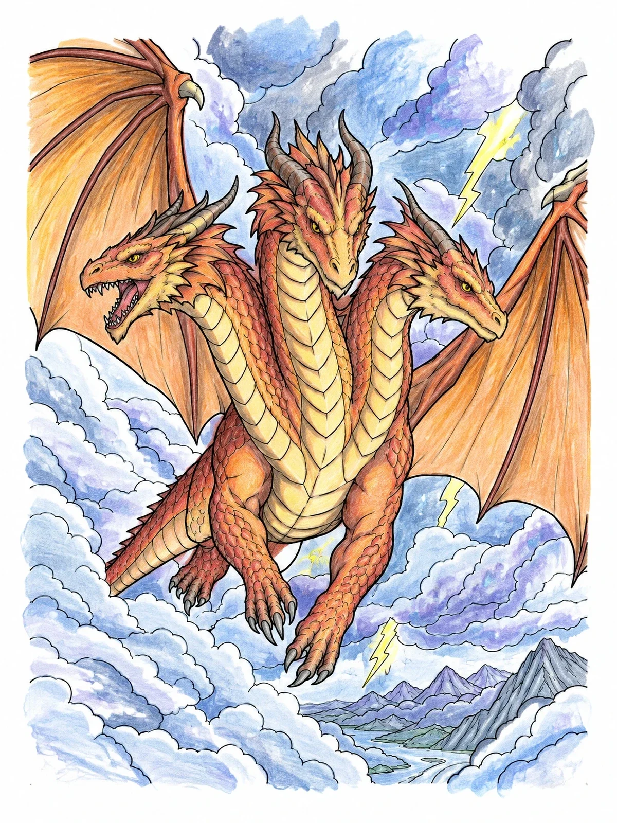 Colored example of the Three Headed Dragon Soaring Through Thunderstorm coloring page
