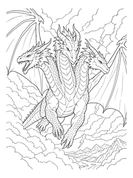 Free printable Three Headed Dragon Soaring Through Thunderstorm coloring page