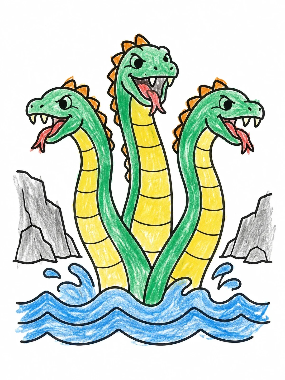 Colored example of the Three Headed Sea Serpent Rising From Waves coloring page