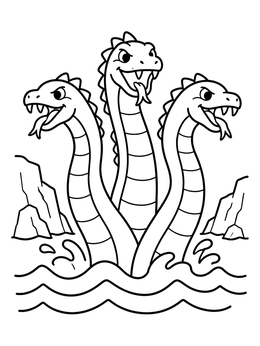 Free printable Three Headed Sea Serpent Rising From Waves coloring page