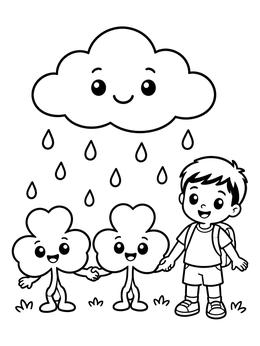 Free printable Boy And Cute Clovers In Rain coloring page