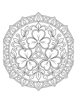 Intricate 3 leaf clover coloring page featuring three intertwined shamrocks within an ornamental circular mandala.