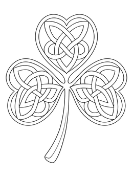 A decorative 3 leaf clover coloring page featuring intricate Celtic knotwork inside each leaf.