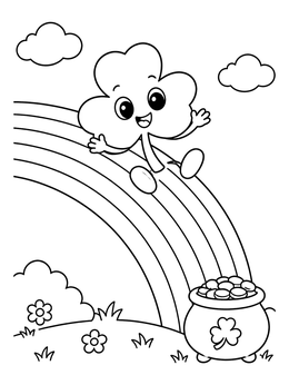 Free printable Happy Clover Sliding Down Rainbow coloring page