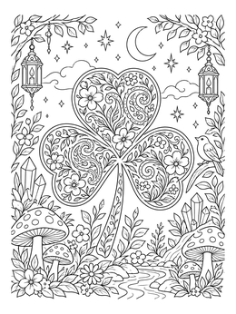 An ornate 3 leaf clover coloring page featuring paisley patterns, lanterns, mushrooms, and crystals under a crescent moon.