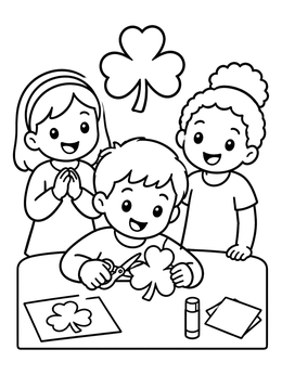 Free printable Kids Making Paper Shamrocks Together coloring page