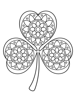 A decorative 3 leaf clover coloring page filled with floral mandala patterns and neat symmetrical outlines.