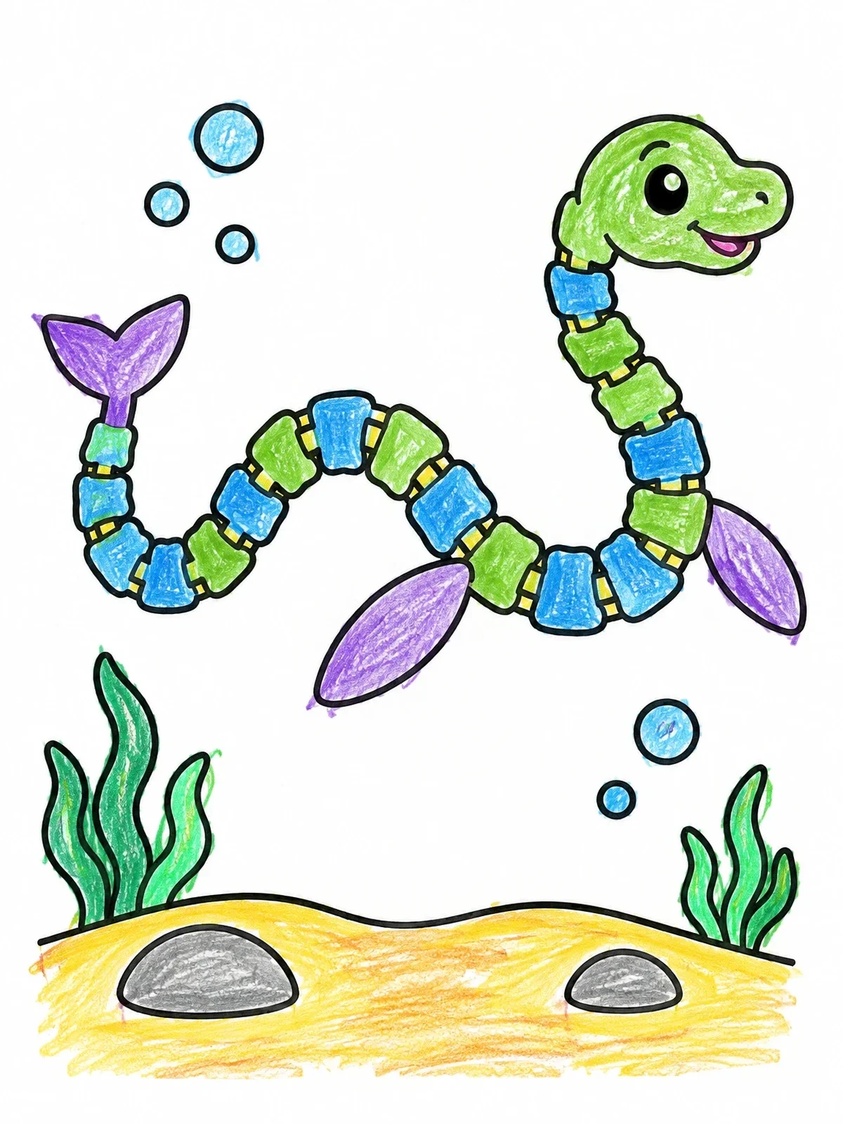 Colored example of the Articulated Sea Serpent Underwater coloring page