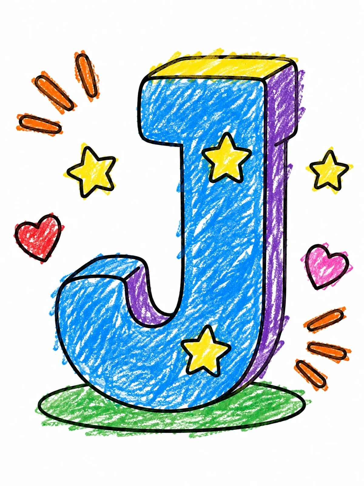 Colored example of the 3d Letter J With Stars And Hearts coloring page