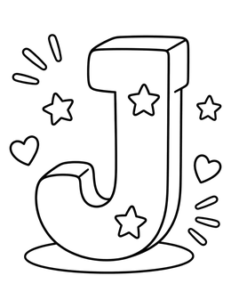 A 3D capital letter J coloring page surrounded by playful stars and cute hearts.