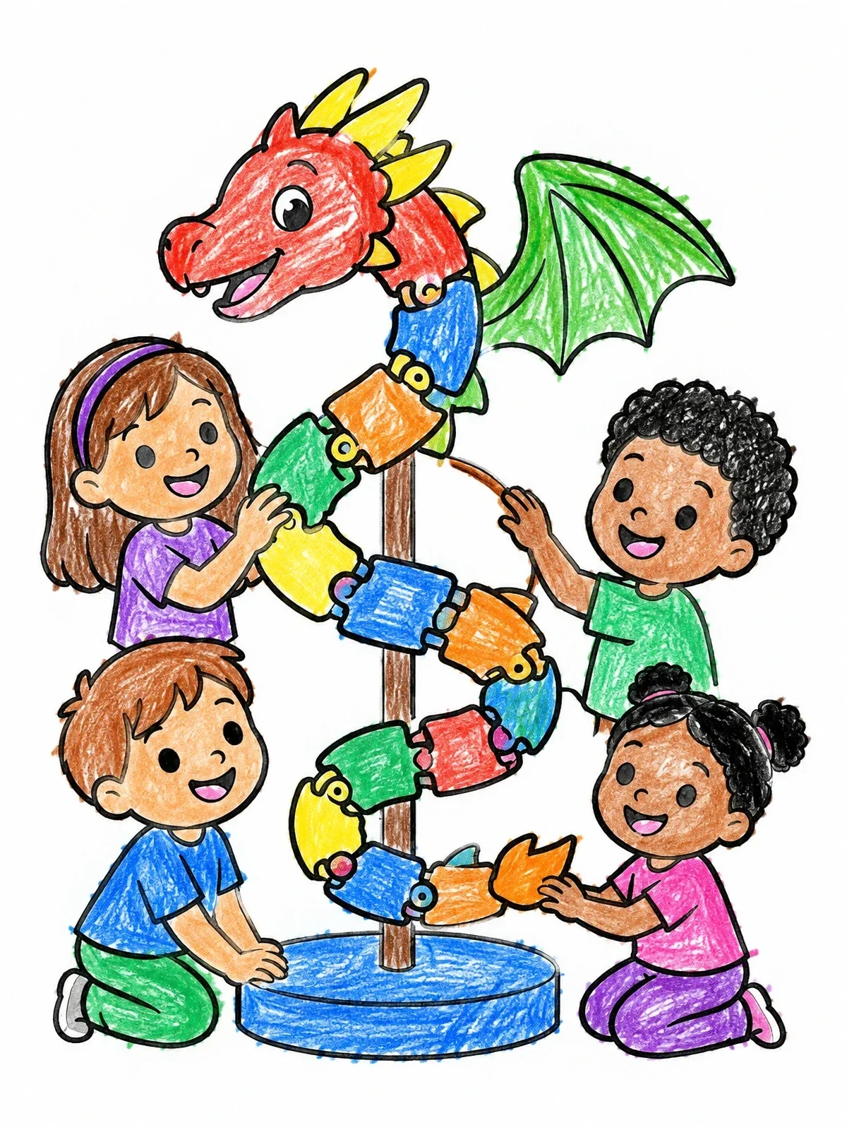 Colored example of the Children Assembling Articulated Dragon Stand coloring page