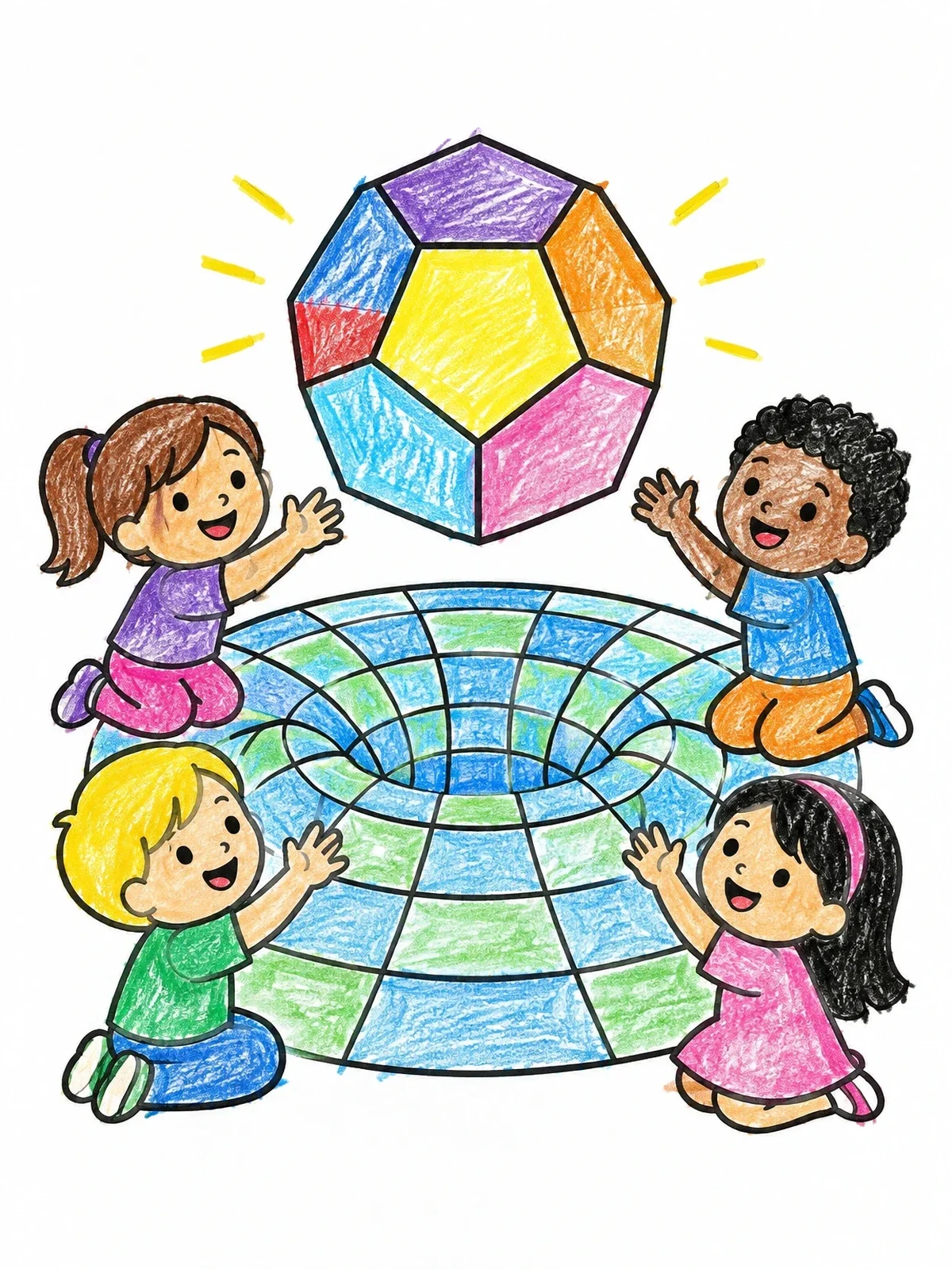 Colored example of the Children And Floating Geometric Shape coloring page