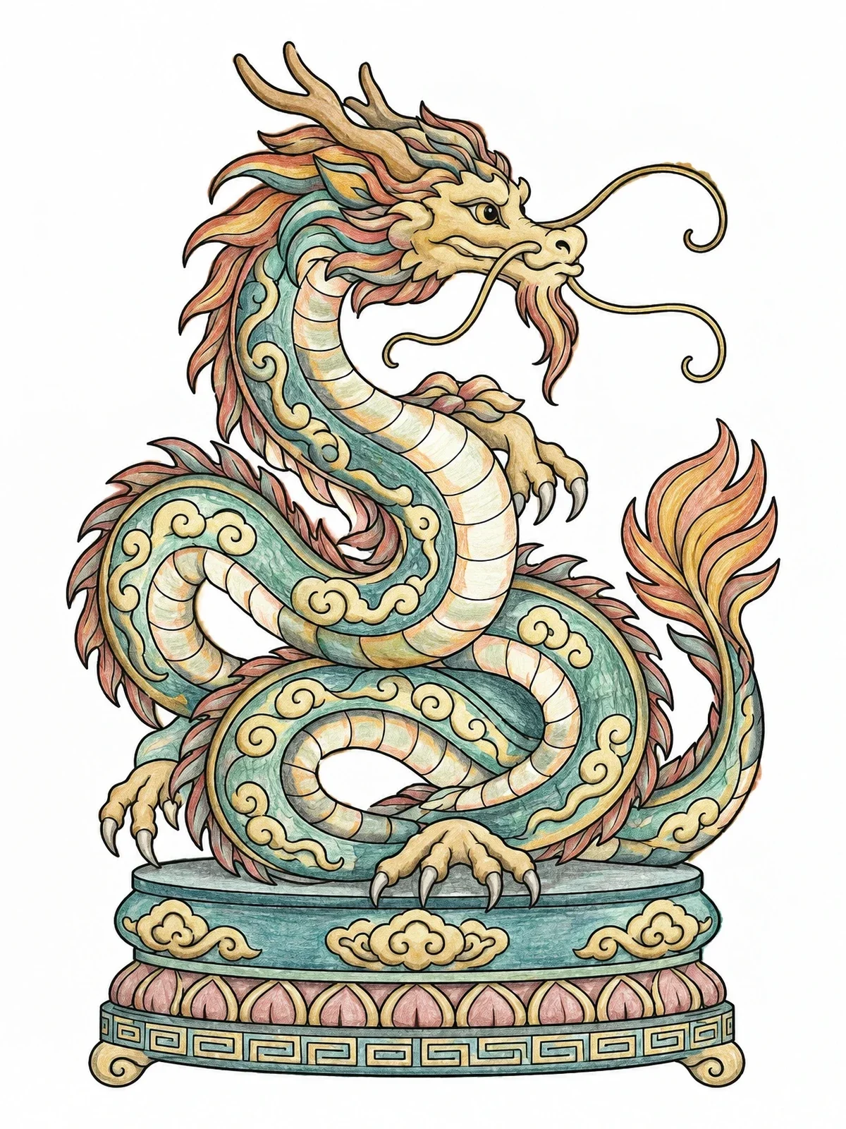 Colored example of the Coiled Chinese Dragon On Pedestal coloring page