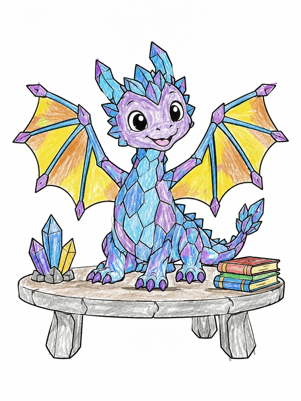 Colored example of the Cute Crystal Dragon On A Table coloring page